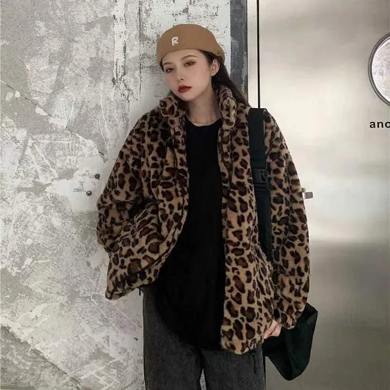 Faux Fur  Leopard Print Stand Collar Jacket Coats