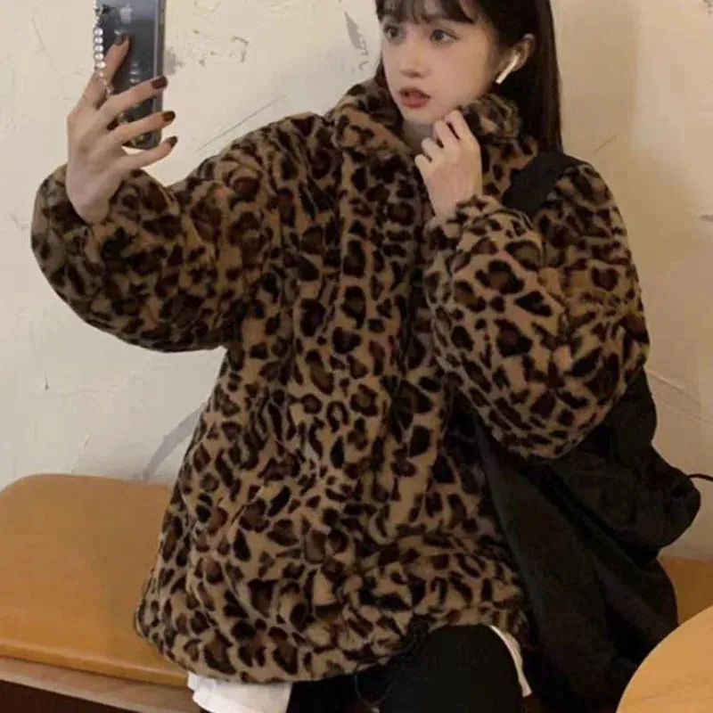 Faux Fur  Leopard Print Stand Collar Jacket Coats