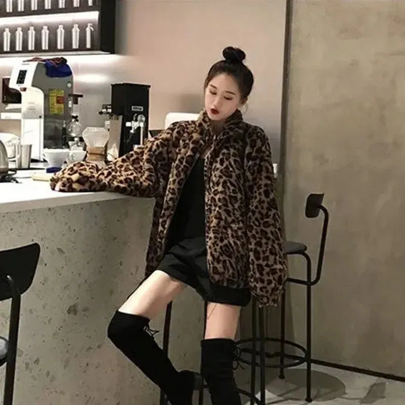 Faux Fur  Leopard Print Stand Collar Jacket Coats