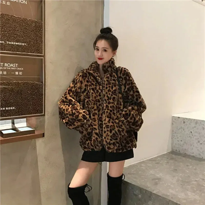 Faux Fur  Leopard Print Stand Collar Jacket Coats