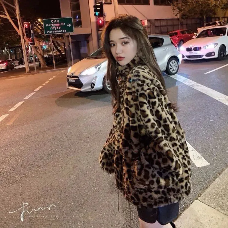 Faux Fur  Leopard Print Stand Collar Jacket Coats