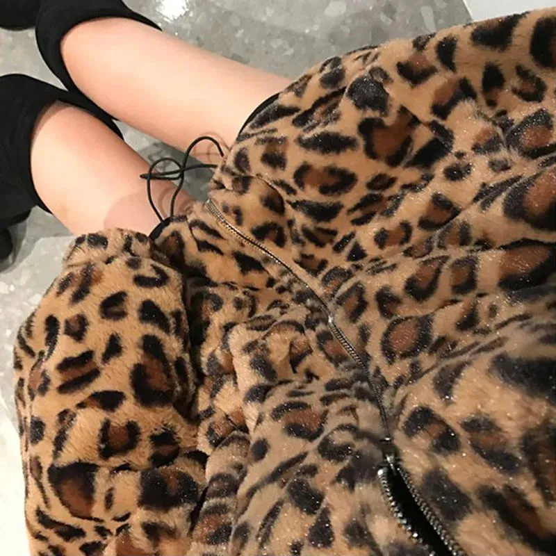 Faux Fur  Leopard Print Stand Collar Jacket Coats