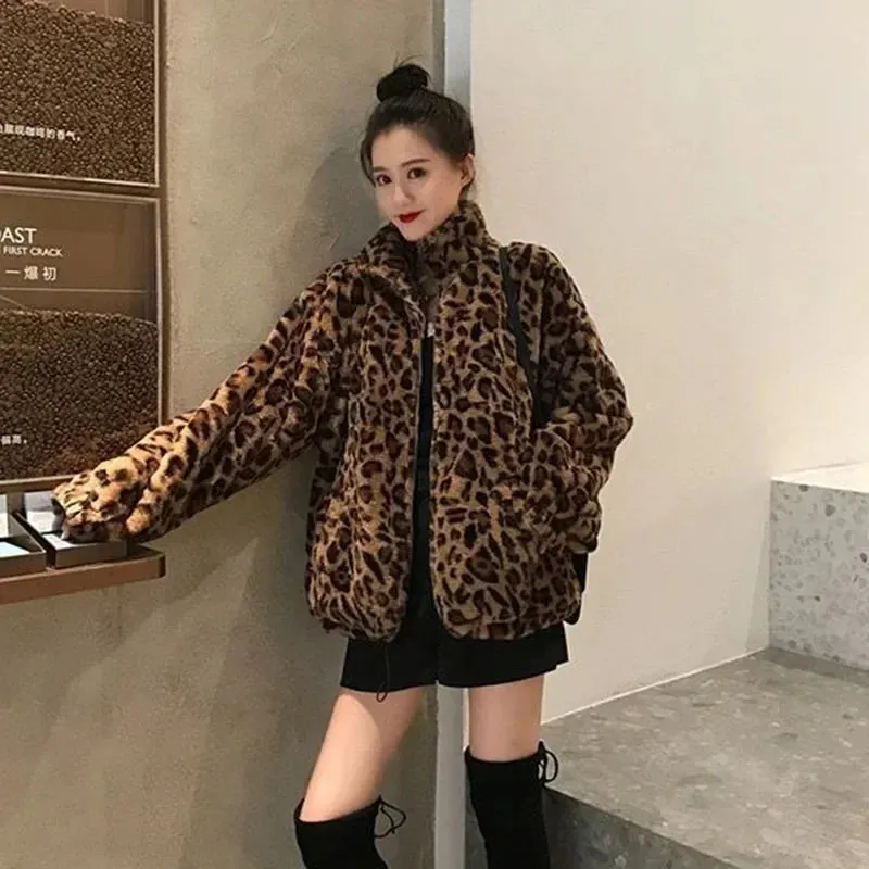 Faux Fur  Leopard Print Stand Collar Jacket Coats