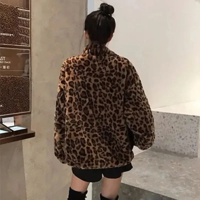 Faux Fur  Leopard Print Stand Collar Jacket Coats