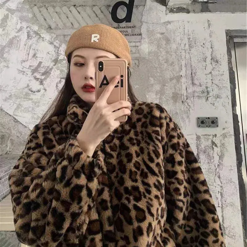 Faux Fur  Leopard Print Stand Collar Jacket Coats