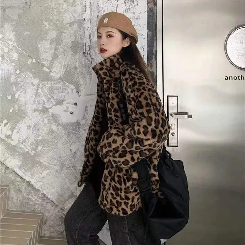 Faux Fur  Leopard Print Stand Collar Jacket Coats