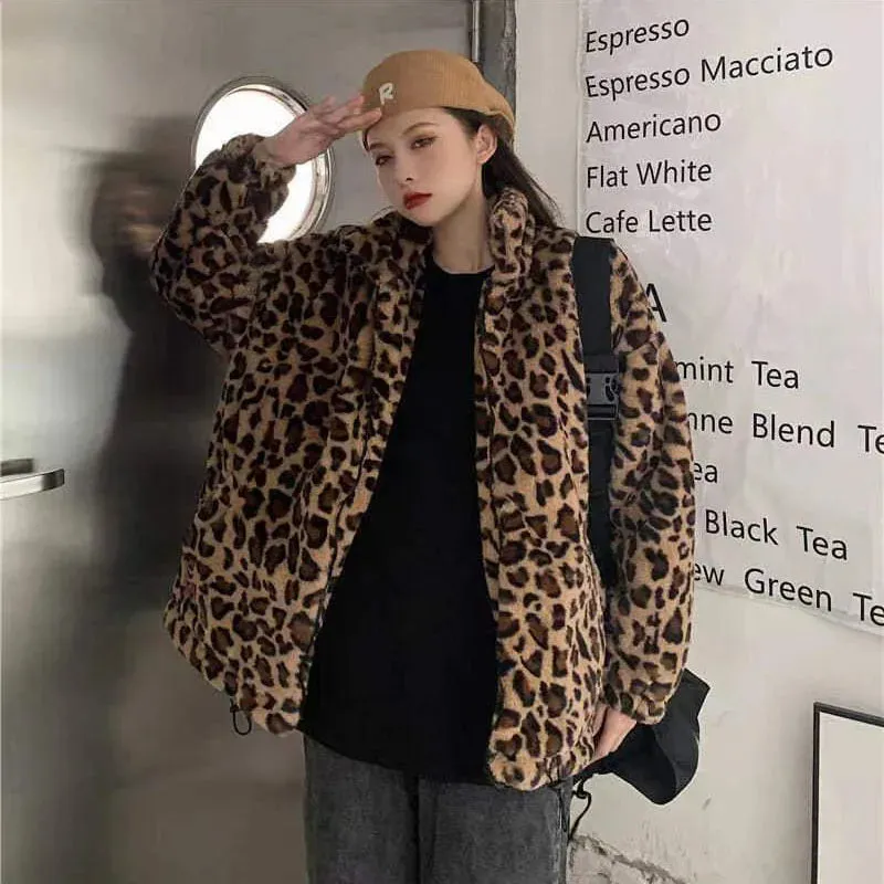 Faux Fur  Leopard Print Stand Collar Jacket Coats