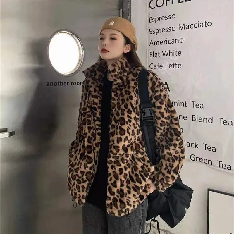 Faux Fur  Leopard Print Stand Collar Jacket Coats