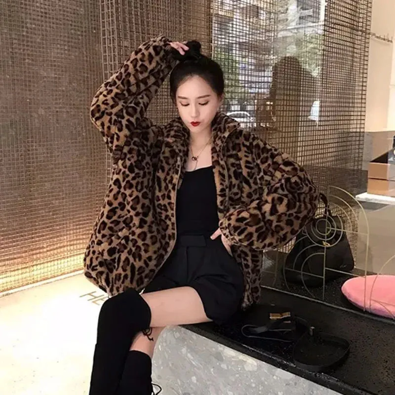 Faux Fur  Leopard Print Stand Collar Jacket Coats