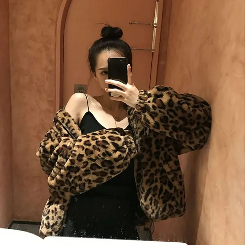 Faux Fur  Leopard Print Stand Collar Jacket Coats