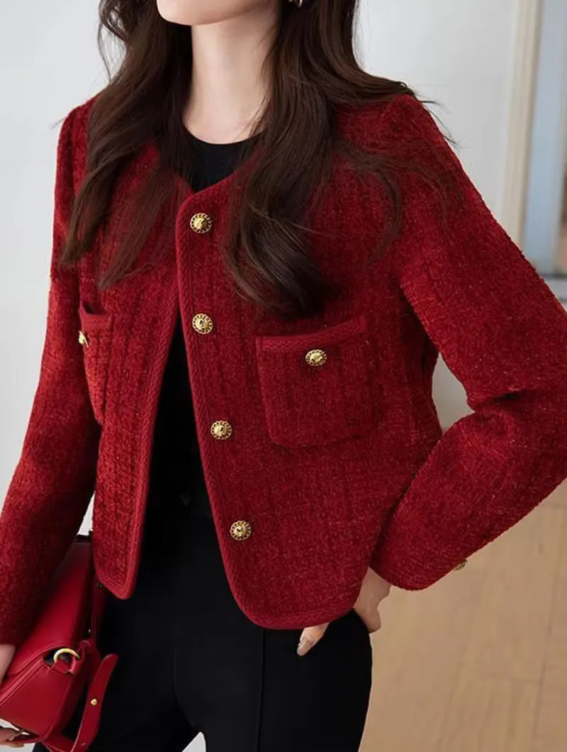 Flytonn-cute winter outfits casual winter outfits christmas outfit party look inspos Long Sleeve Wine Red Color Elegant Tweed Jacket