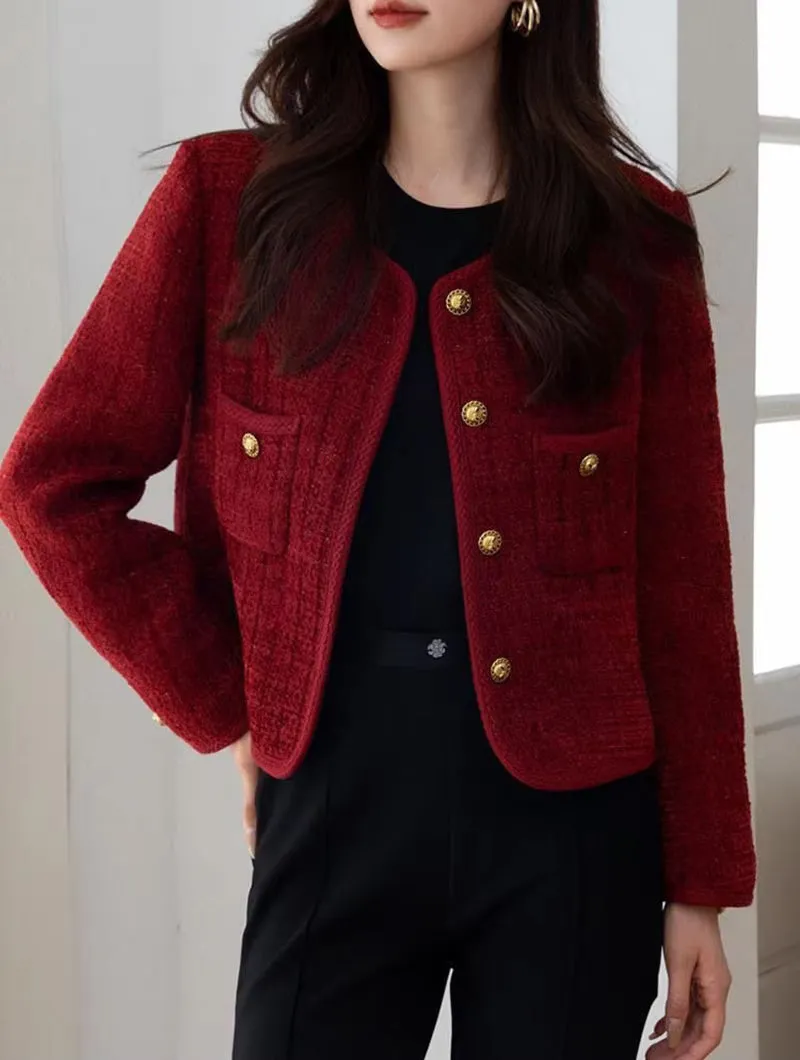 Flytonn-cute winter outfits casual winter outfits christmas outfit party look inspos Long Sleeve Wine Red Color Elegant Tweed Jacket