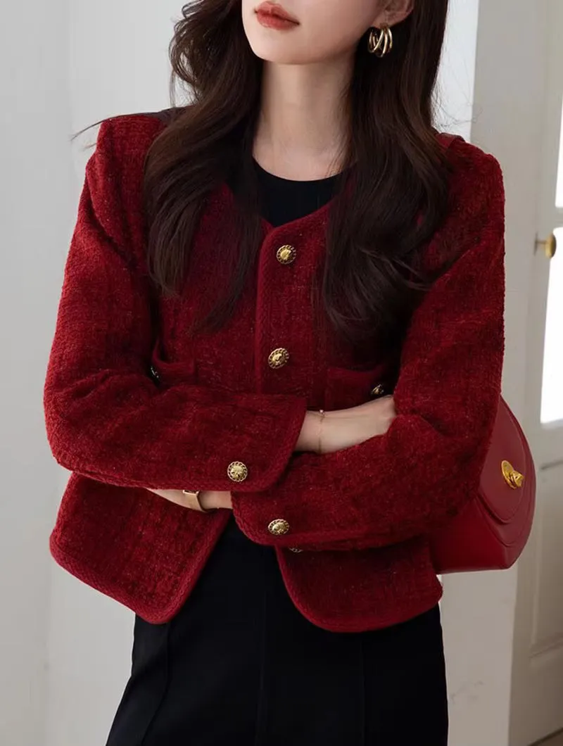 Flytonn-cute winter outfits casual winter outfits christmas outfit party look inspos Long Sleeve Wine Red Color Elegant Tweed Jacket