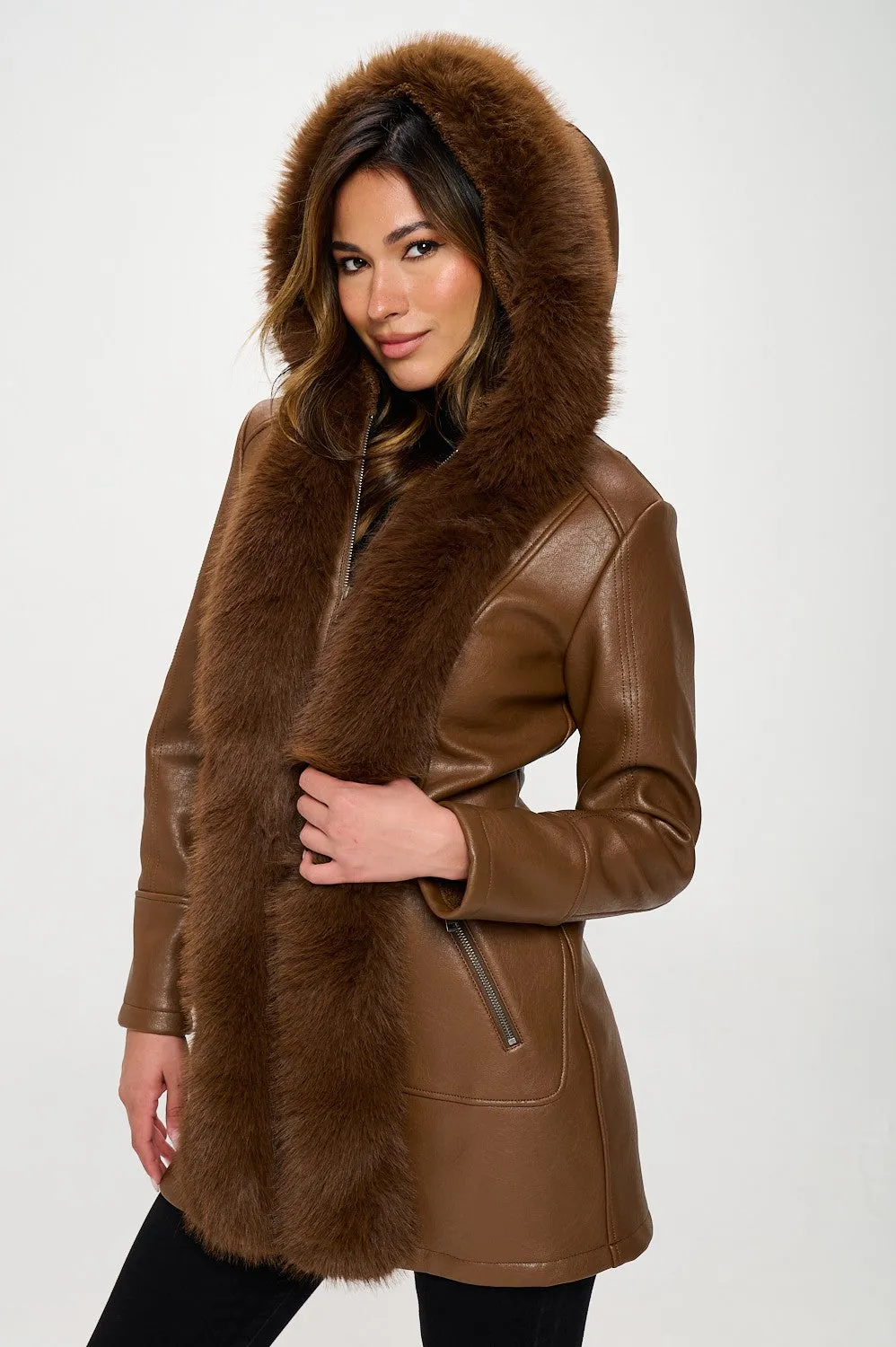 Fur Trimmed Zip Faux Leather Jacket | Camel