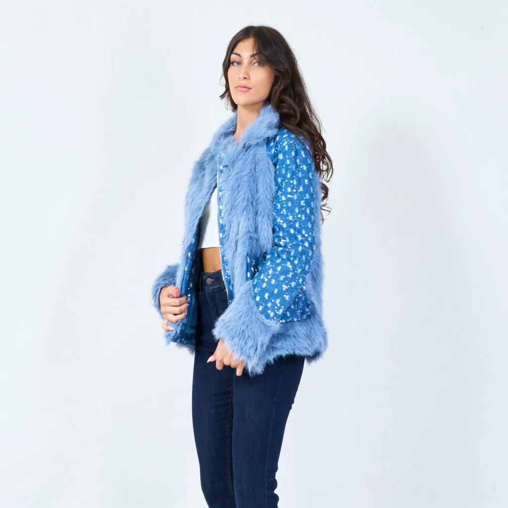 Fuzzy faux fur jacket with textured sleeves wholesale