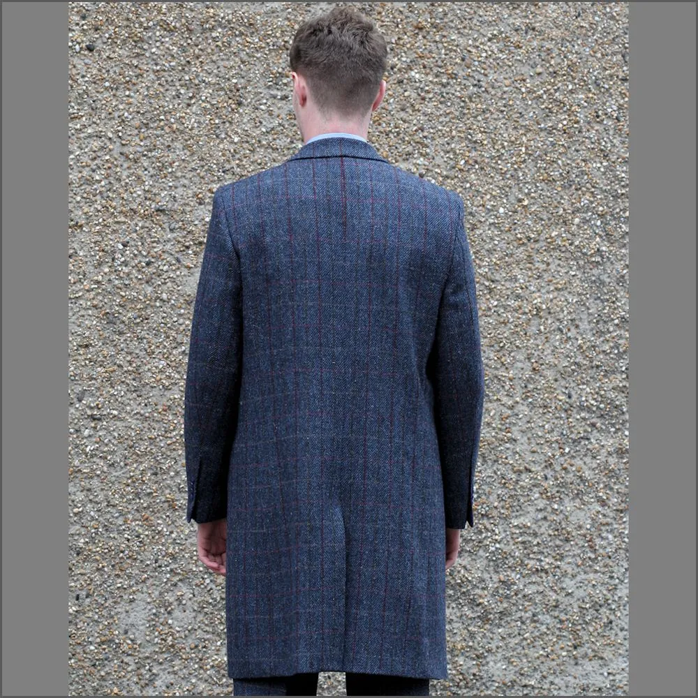 Harris Tweed Blue with Wine Check Overcoat--