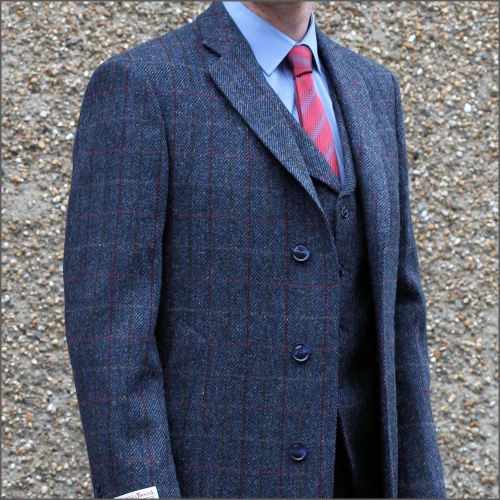 Harris Tweed Blue with Wine Check Overcoat--