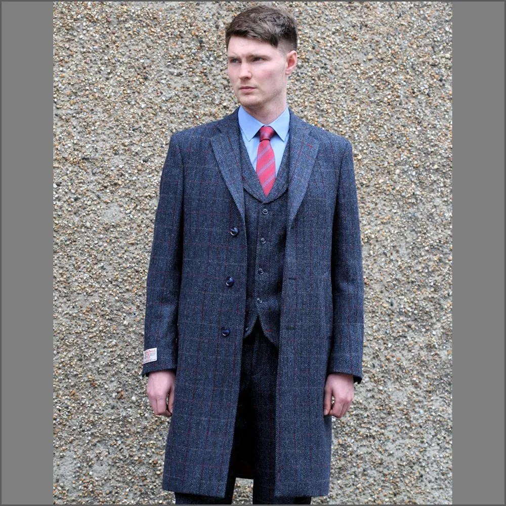 Harris Tweed Blue with Wine Check Overcoat--