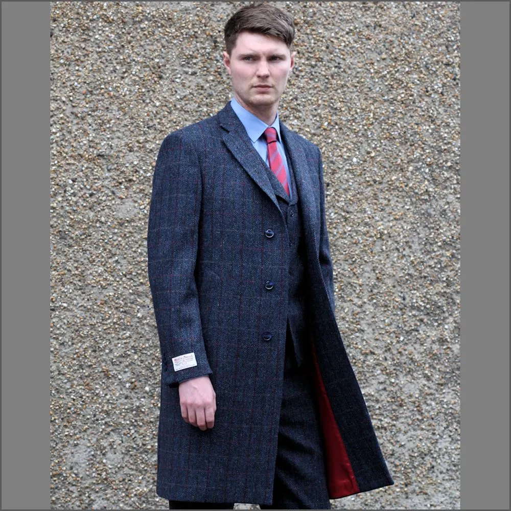 Harris Tweed Blue with Wine Check Overcoat--