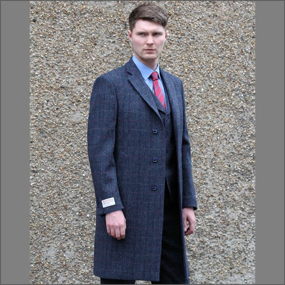 Harris Tweed Blue with Wine Check Overcoat--