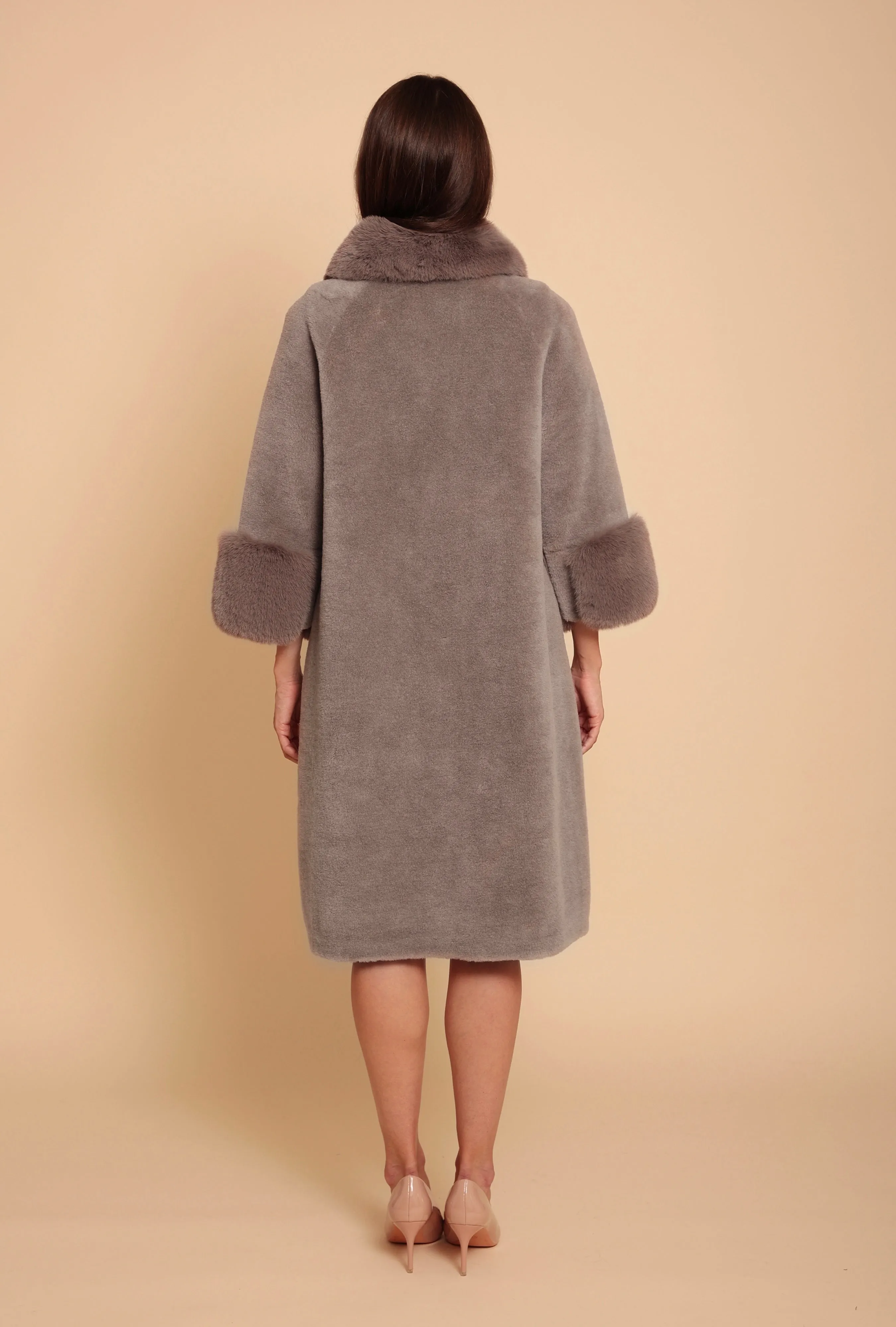 'Hayworth' Wool and Faux Fur Coat in Grigio