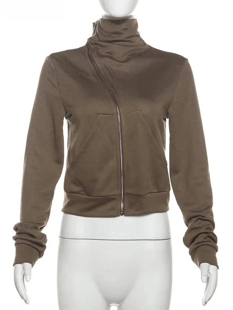 High Collar Asymmetrical Zip Jacket for Women