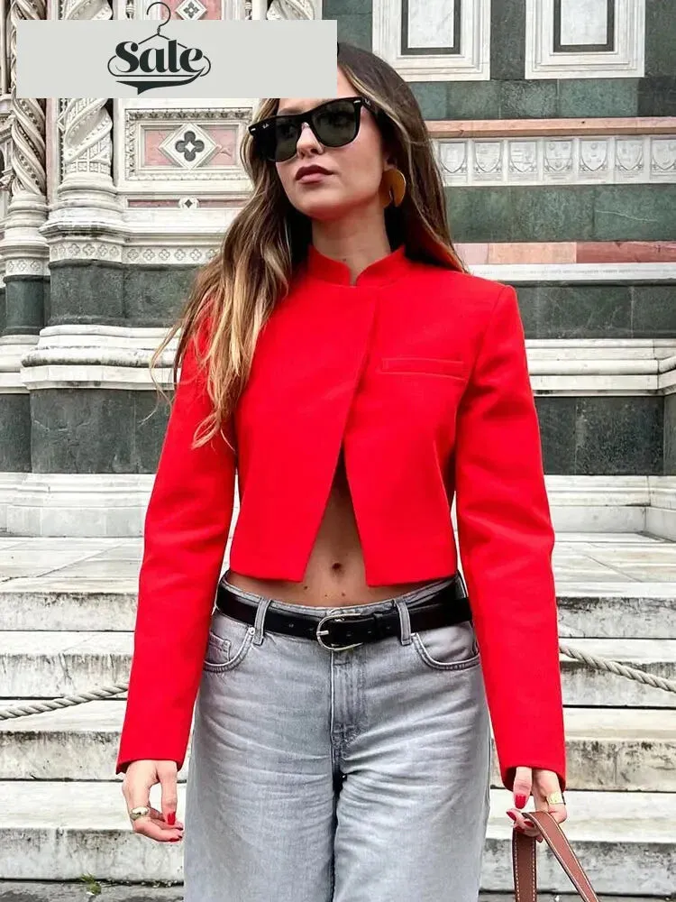 High-Neck Red Cropped Blazer – Tailored Women’s Jacket