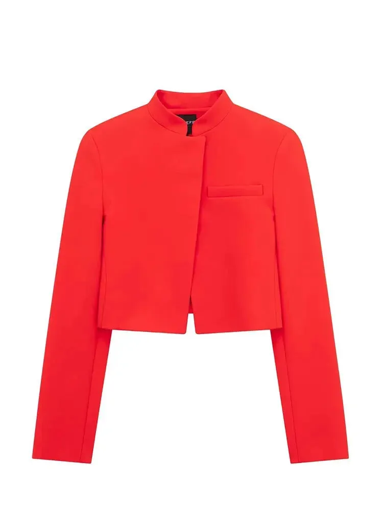 High-Neck Red Cropped Blazer – Tailored Women’s Jacket