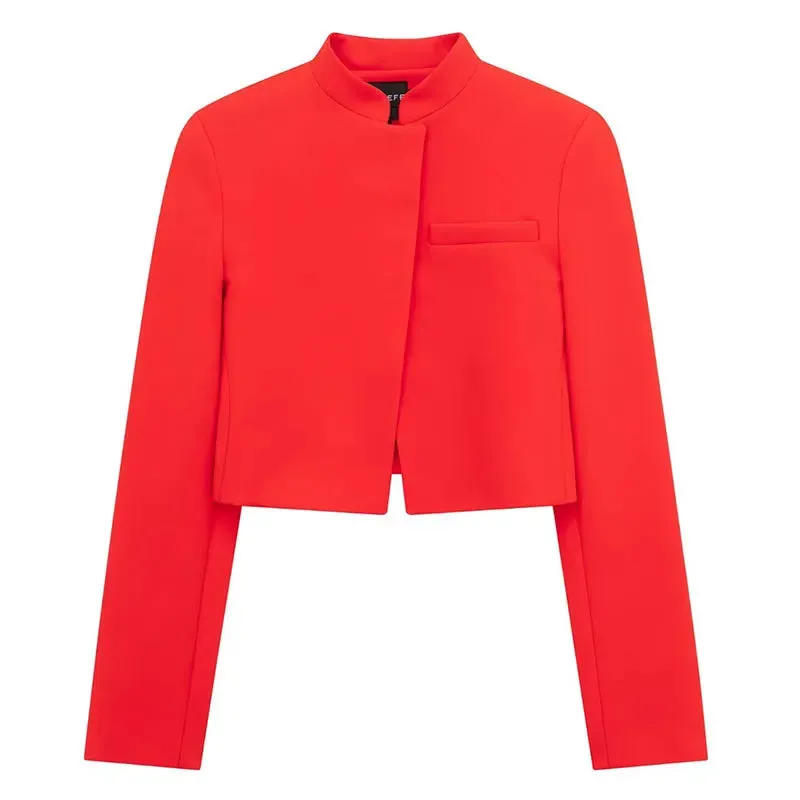 High-Neck Red Cropped Blazer – Tailored Women’s Jacket