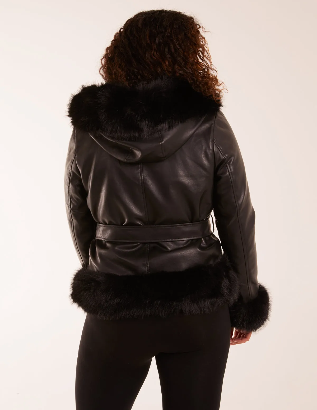 Hooded Faux Fur Cropped PU Jacket