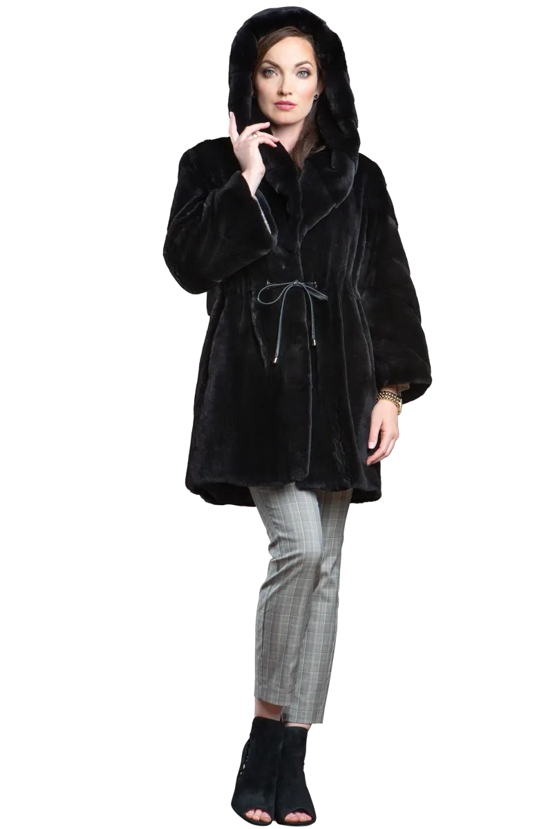 Hooded Plucked Mink Mid-Length Fur Anorak