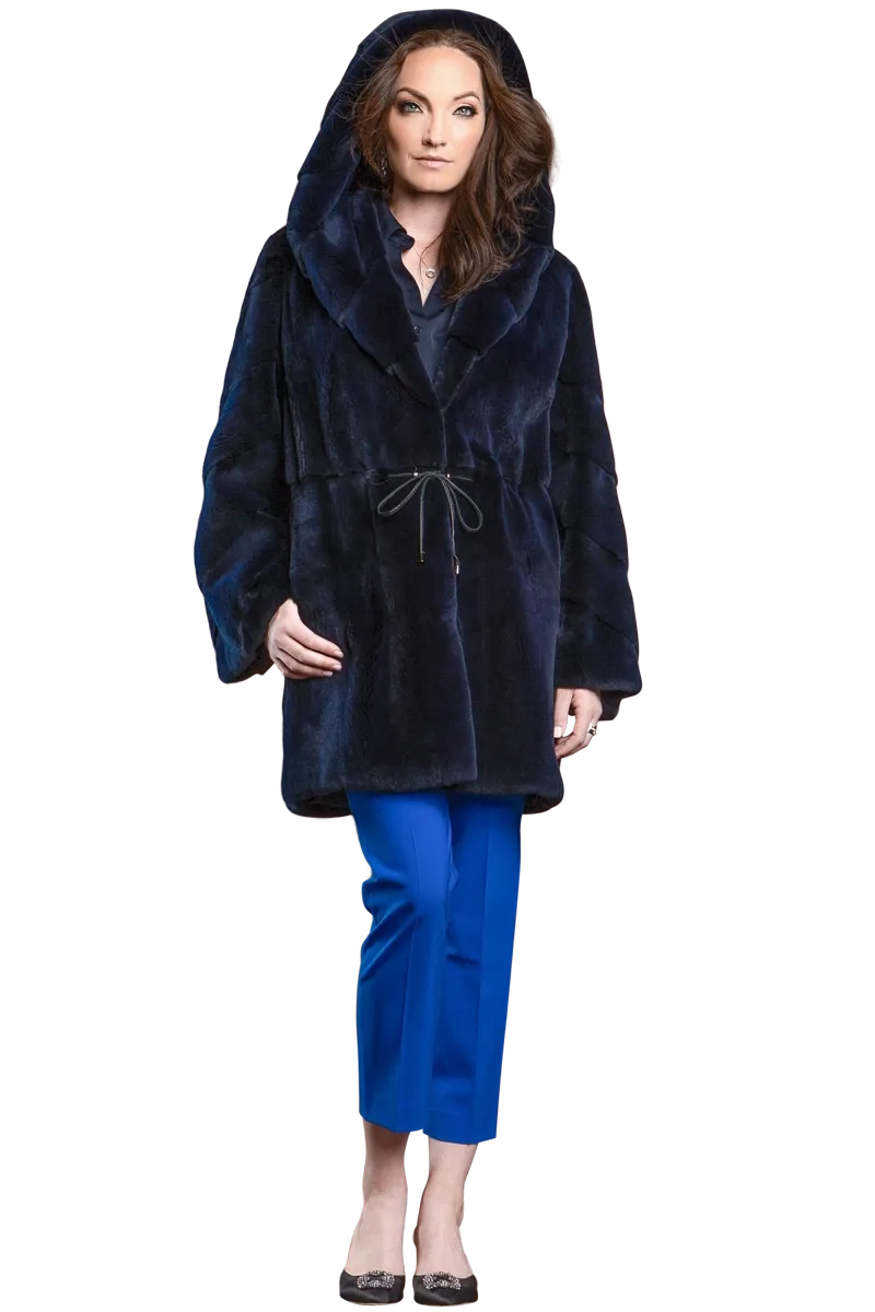 Hooded Plucked Mink Mid-Length Fur Anorak