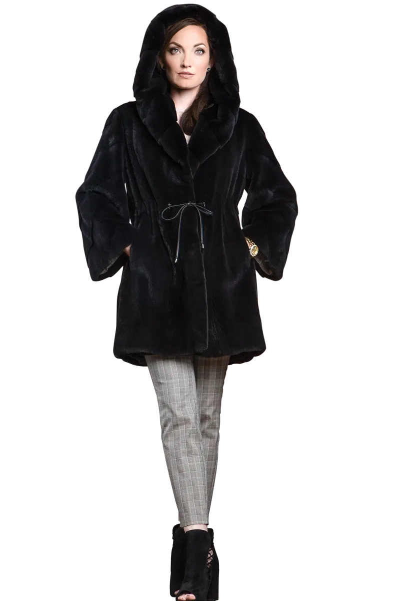 Hooded Plucked Mink Mid-Length Fur Anorak