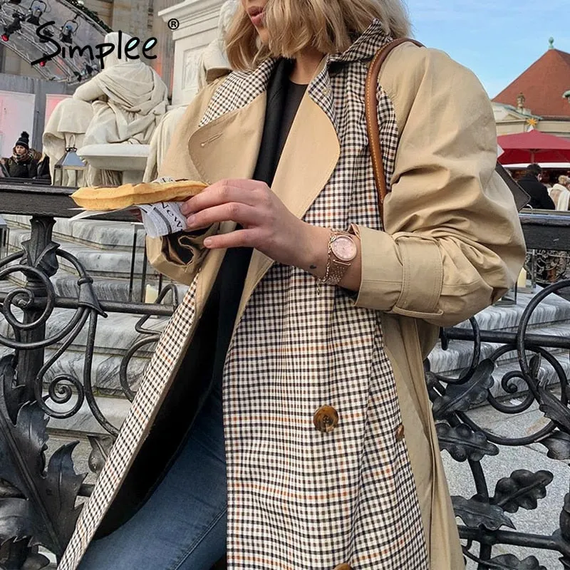 Joskaa Casual lapel women trench coat Double breasted stitching plaid female long trenches High street style ladies overcoats