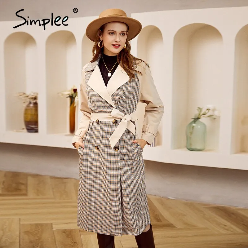 Joskaa Casual lapel women trench coat Double breasted stitching plaid female long trenches High street style ladies overcoats