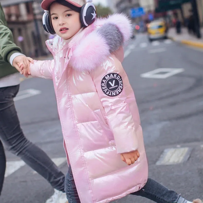 Keep Warm Winter Jacket For Girls Coat Fashion Waterproof Shiny Hooded Children Outerwear Clothing 5-14 Years Teenage Kids Parka