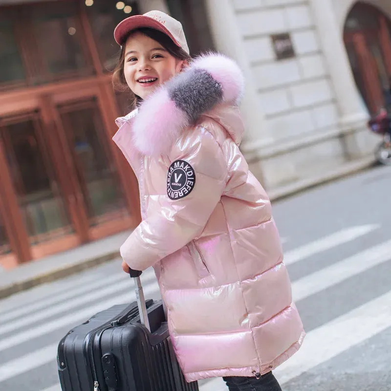 Keep Warm Winter Jacket For Girls Coat Fashion Waterproof Shiny Hooded Children Outerwear Clothing 5-14 Years Teenage Kids Parka