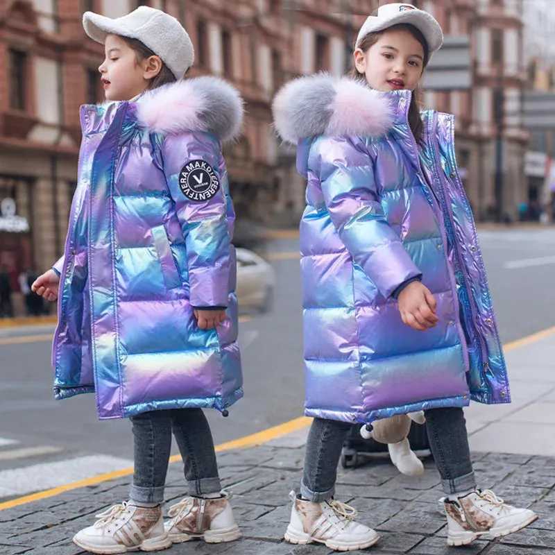 Keep Warm Winter Jacket For Girls Coat Fashion Waterproof Shiny Hooded Children Outerwear Clothing 5-14 Years Teenage Kids Parka