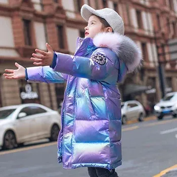 Keep Warm Winter Jacket For Girls Coat Fashion Waterproof Shiny Hooded Children Outerwear Clothing 5-14 Years Teenage Kids Parka