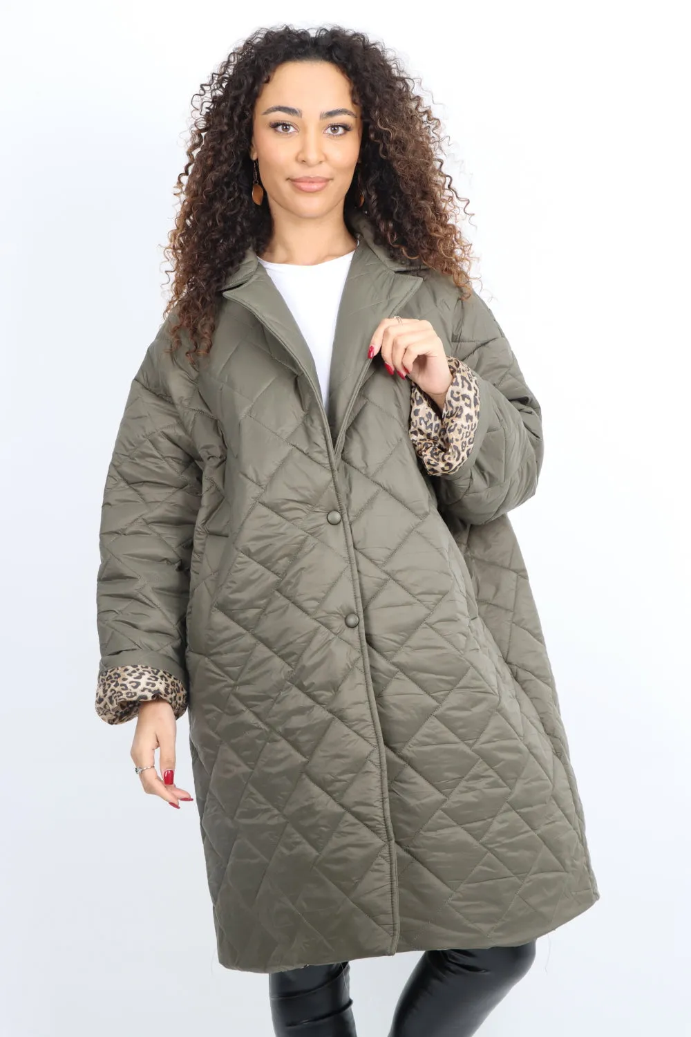 Leopard Lined Quilted Padded Longline Jacket