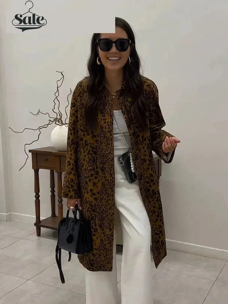 Leopard Print Long Coat Animal Pattern Winter Outwear