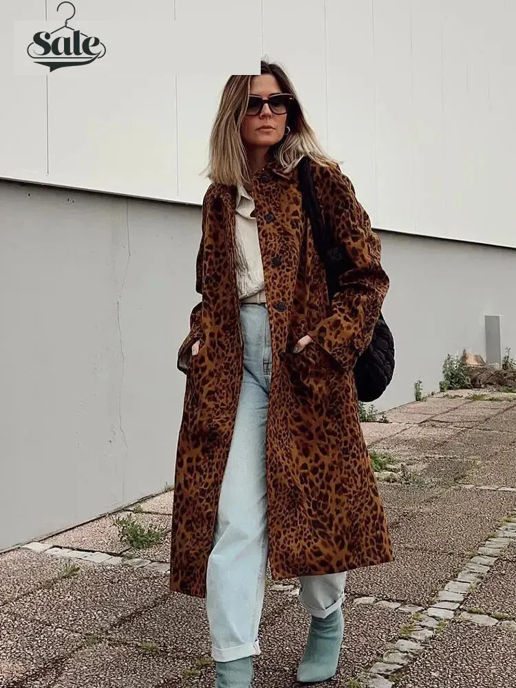 Leopard Print Long Coat Animal Pattern Winter Outwear