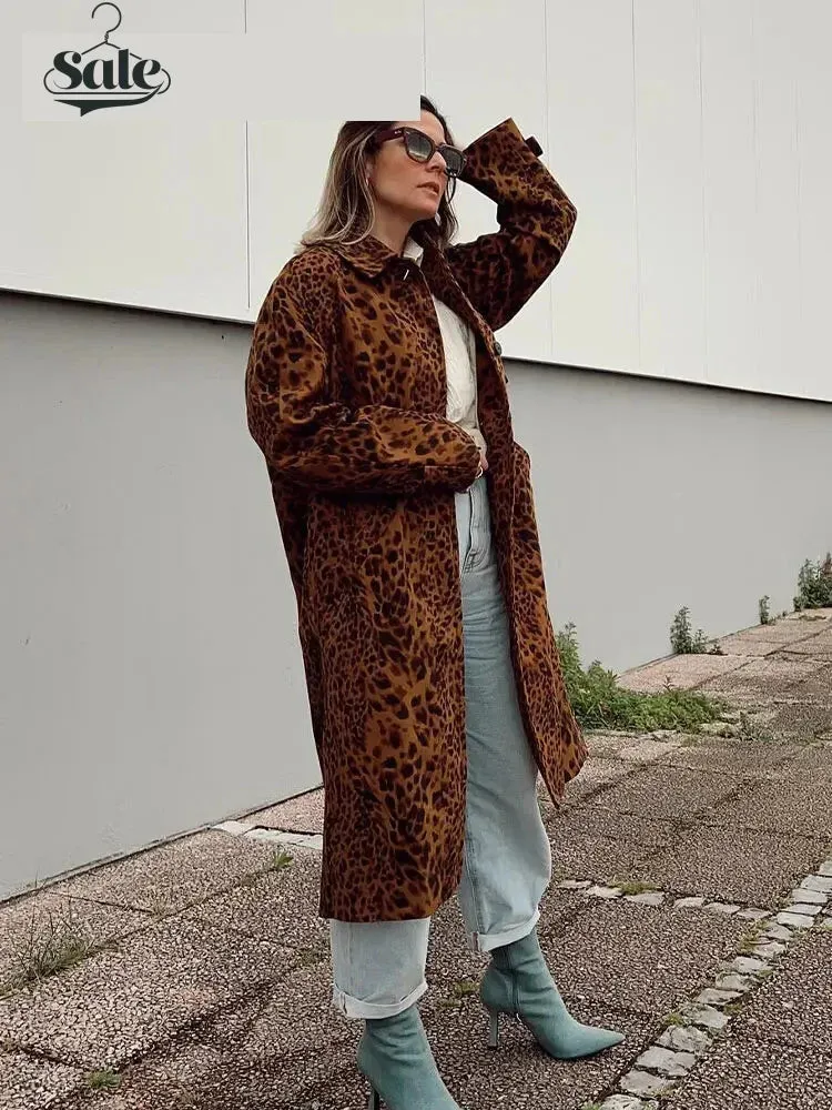 Leopard Print Long Coat Animal Pattern Winter Outwear