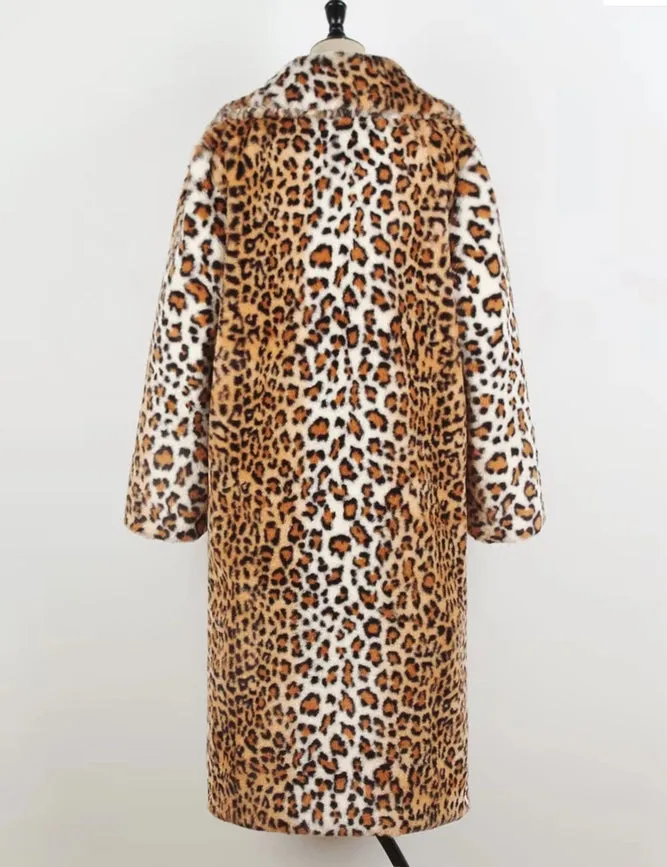 Leopard Print Suit Collar Midi Faux Fur Thermal Jacket