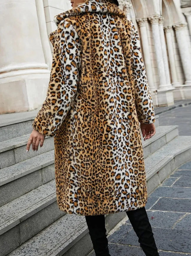 Leopard Print Suit Collar Midi Faux Fur Thermal Jacket