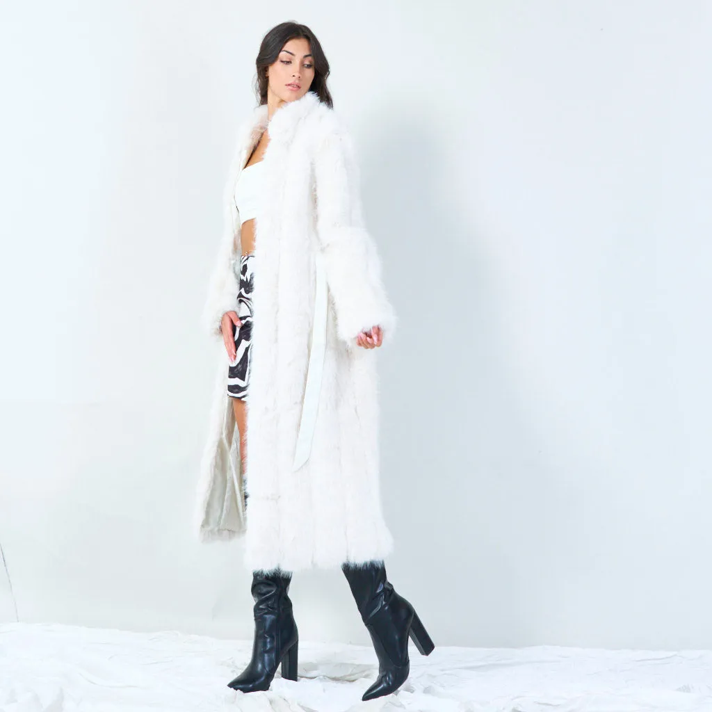 Long faux fur coat with waist tie wholesale