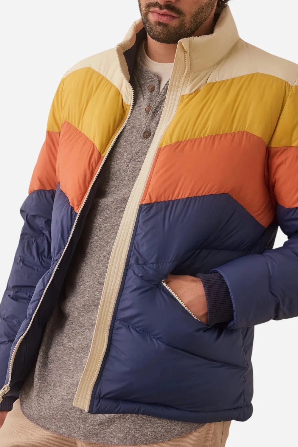 Marine Layer Colorblock Puffer Jacket in Blue/Orange Colorblock