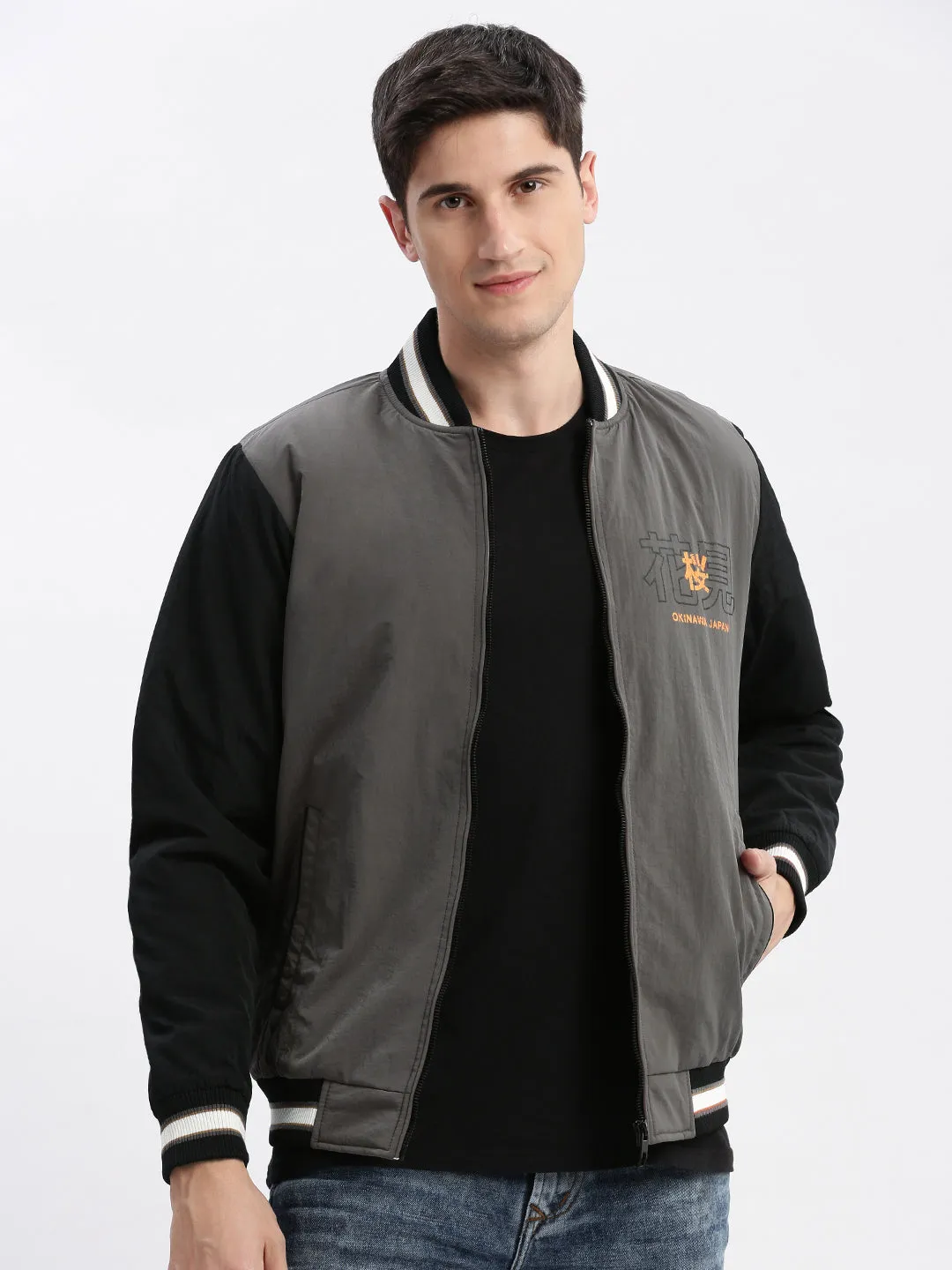 Men Colourblocked Mandarin Collar Grey Bomber Jacket