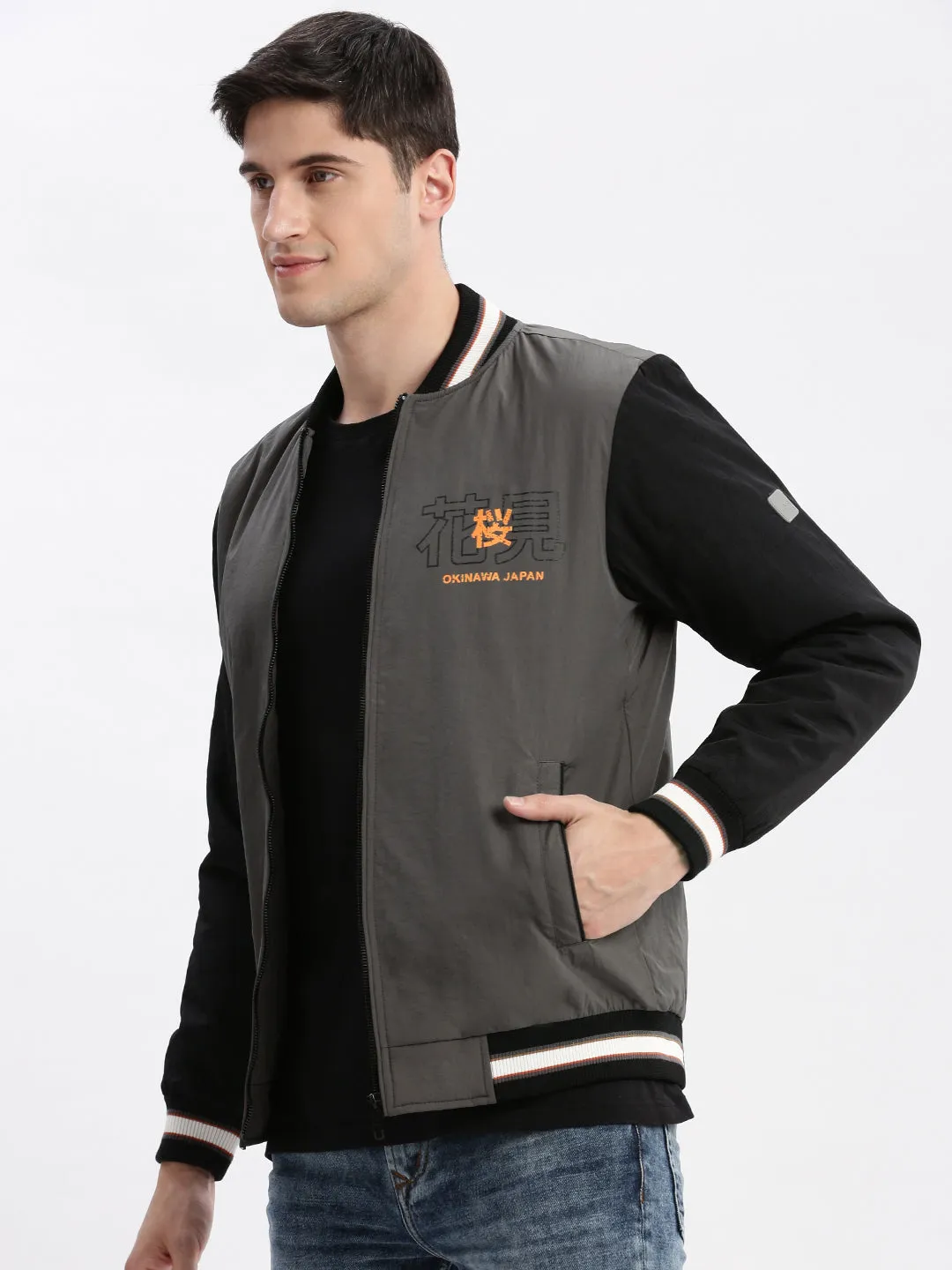 Men Colourblocked Mandarin Collar Grey Bomber Jacket