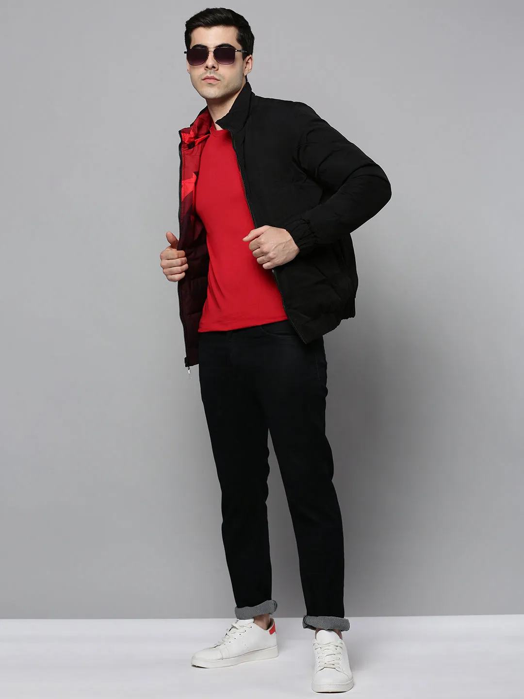 Men Red Colourblock Bomber Jacket